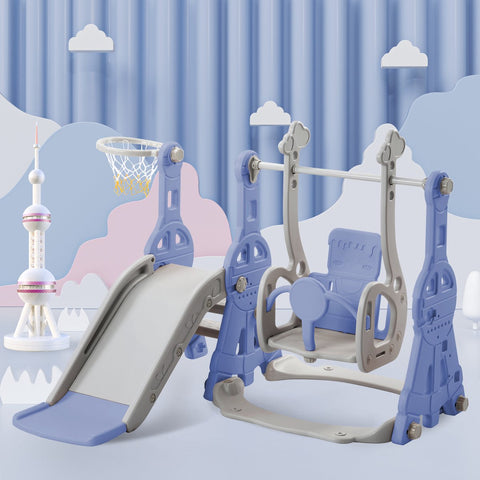 Glijbaan voor kinderen - 4 in 1 kinderglijbaan, schommel met basketbalstandaard, klimladder, schommel, tuinglijbaan voor binnen en buiten