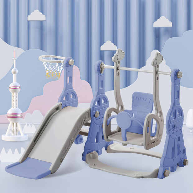 Glijbaan voor kinderen - 4 in 1 kinderglijbaan, schommel met basketbalstandaard, klimladder, schommel, tuinglijbaan voor binnen en buiten