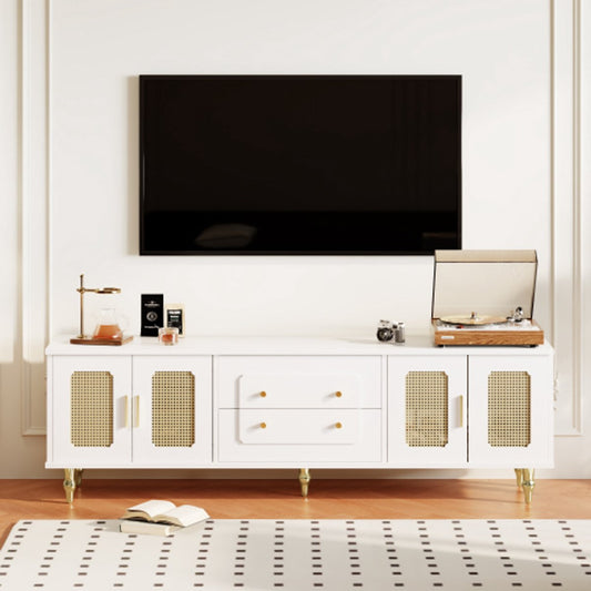 Lowboard - Tv-Meubel in Retrostijl - Gouden Handgrepen - Veel Opbergruimte - Met Rotan Deur - en Metalen Poten - Wit