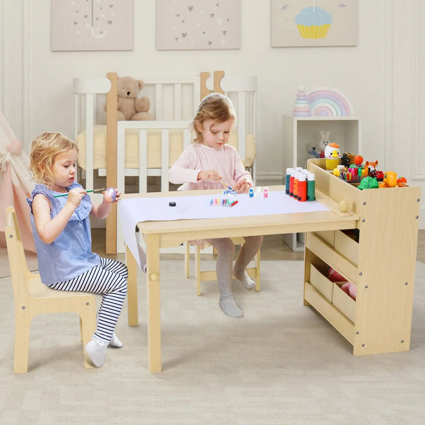 Kindertafel - Kinderkunsttafel en 2 Stoelenset - Kindertafel en Stoeltjes - Ruime Knutseltafel - voor Tekenen - Activiteiten - Studeren - Ideaal Houten Meubilair - met Opbergplanken