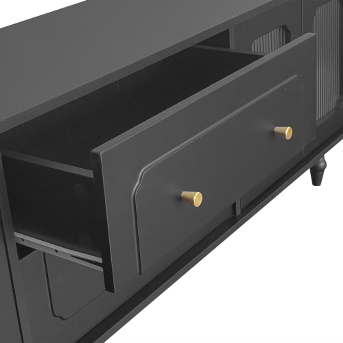 Lowboard - Tv-Meubel in Retrostijl - Gouden Handgrepen - Veel Opbergruimte - Met Glazen deur - en Massief Houten Poten - Zwart