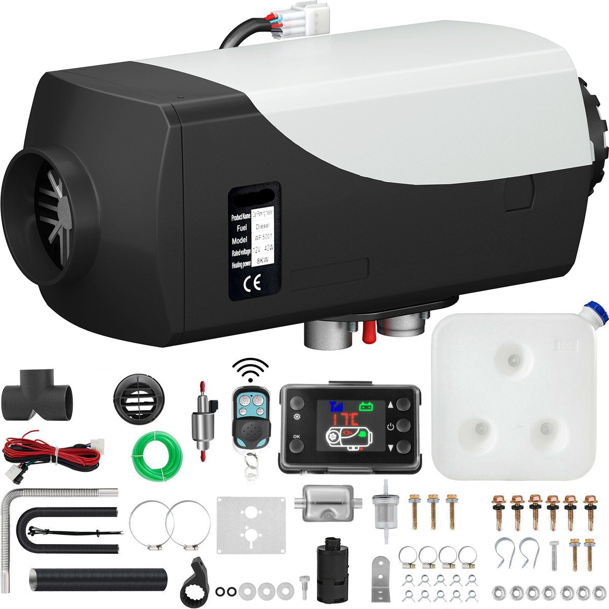 Diesel Standkachel 12V 8KW - Diesel Heater - Met een Intelligente LCD - Monitor en Afstandsbediening - Brandstoftank van 10 L - Luchtverwarmer - Autoverwarming - Auto Heater - Voor Auto Vrachtwagens Camper Boot - Zwart - Wit
