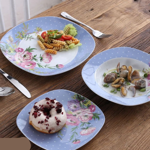 Luxe Serviesset - Bordenset - Kommen set - Soep Borden - Dessert Borden - Dinerborden - set van 30 - 6 persoons - Wit - Blauw - Bloemen