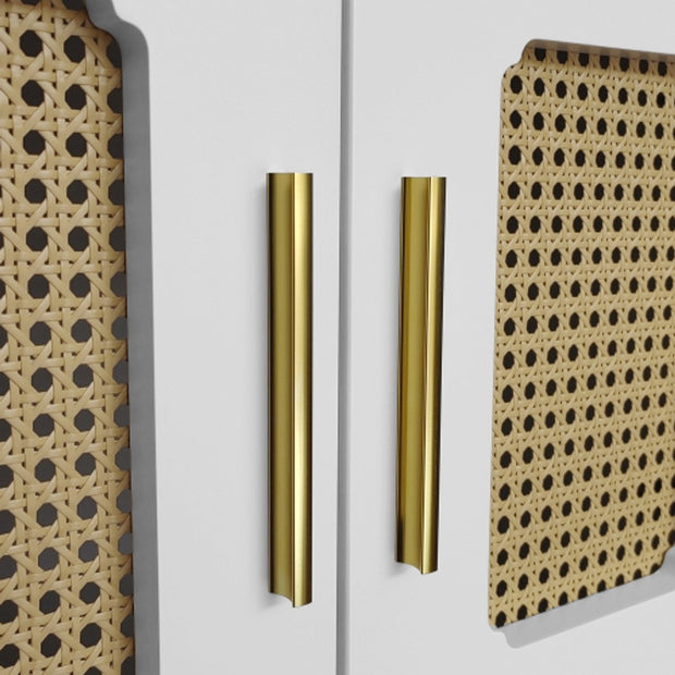 Lowboard - Tv-Meubel in Retrostijl - Gouden Handgrepen - Veel Opbergruimte - Met Rotan Deur - en Metalen Poten - Wit