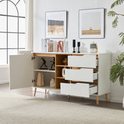 Moderne witte dressoirkast – 140x40x80,5 cm – Opbergkast met 3 lades, open compartimenten en planken – Dressoir met kantelbeveiliging – Voor woonkamer, hal of slaapkamer