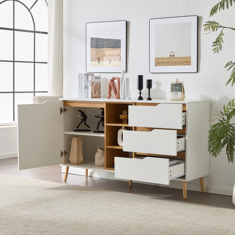 Moderne witte dressoirkast – 140x40x80,5 cm – Opbergkast met 3 lades, open compartimenten en planken – Dressoir met kantelbeveiliging – Voor woonkamer, hal of slaapkamer