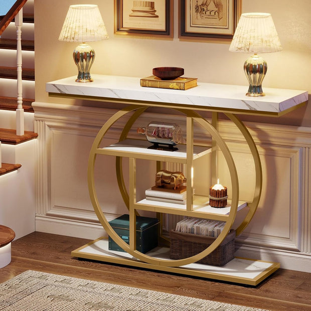 Consoletafel - Sidetable - Console - Haltafel - Metaal en Hout - Goud en Wit - Industrieel - 105 x 80 x 30 cm - Console Tafel voor Hal - Woonkamer - Entree