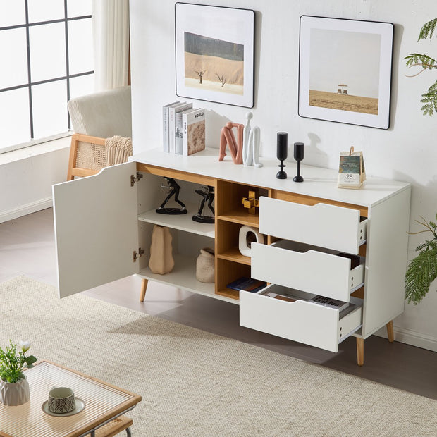 Moderne witte dressoirkast – 140x40x80,5 cm – Opbergkast met 3 lades, open compartimenten en planken – Dressoir met kantelbeveiliging – Voor woonkamer, hal of slaapkamer