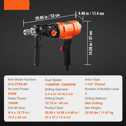 Diamantboormachine - Diamantkernboormachine - 8-10,2 Cm Magneetboor - Geschikt voor Het Boren Van Gewapend Beton, Marmer - 1500W - 1100/2400RPM - Natboren - Oranje