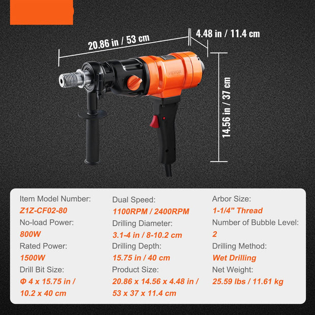 Diamantboormachine - Diamantkernboormachine - 1500W - 1100/2400RPM - Natboren - 8-10,2 Cm Magneetboor - Geschikt voor Het Boren Van Gewapend Beton, Marmer