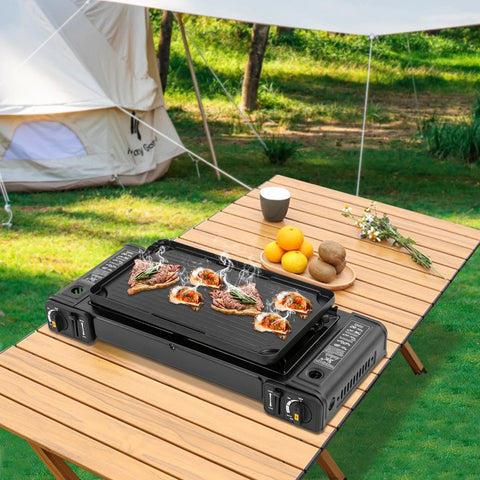 Campinggaspit - Gasbrander Camping - Camping Gasstel - Camping Bbq - Camping Kooktoestel - Fornuis 2 pits - Draagbare Kookplaat - Afneembare Bakplaat - Met Draagkoffer - 64x28cm - Zwart