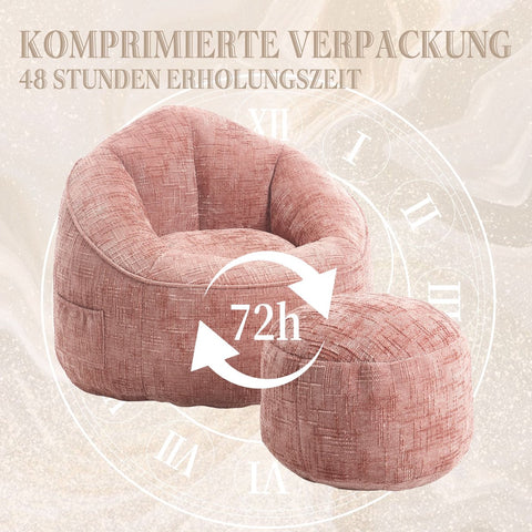 Zitzak Stoel met Voetensteun - Beanbag in Luxe Chenille Stof - Hoge Druk Schuimvulling - Ergonomisch Ontwerp - 89x88x76 cm - Roze