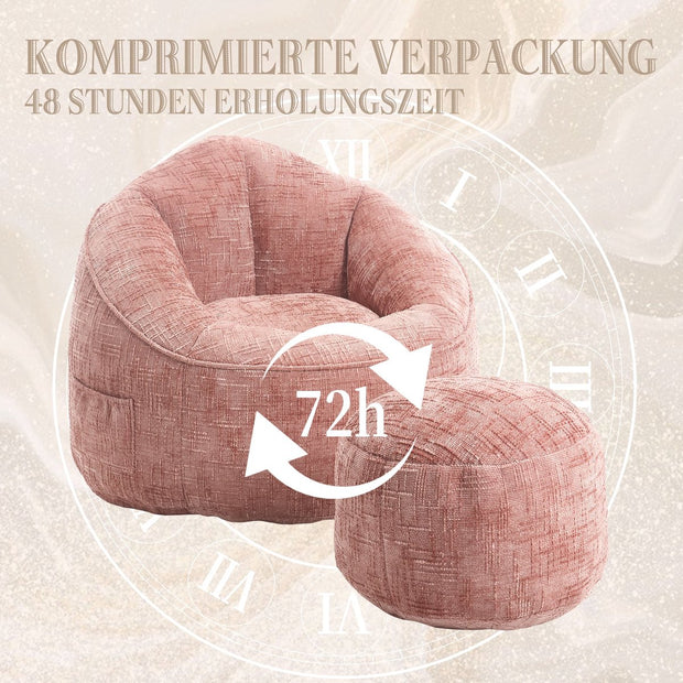 Zitzak Stoel met Voetensteun - Beanbag in Luxe Chenille Stof - Hoge Druk Schuimvulling - Ergonomisch Ontwerp - 89x88x76 cm - Roze
