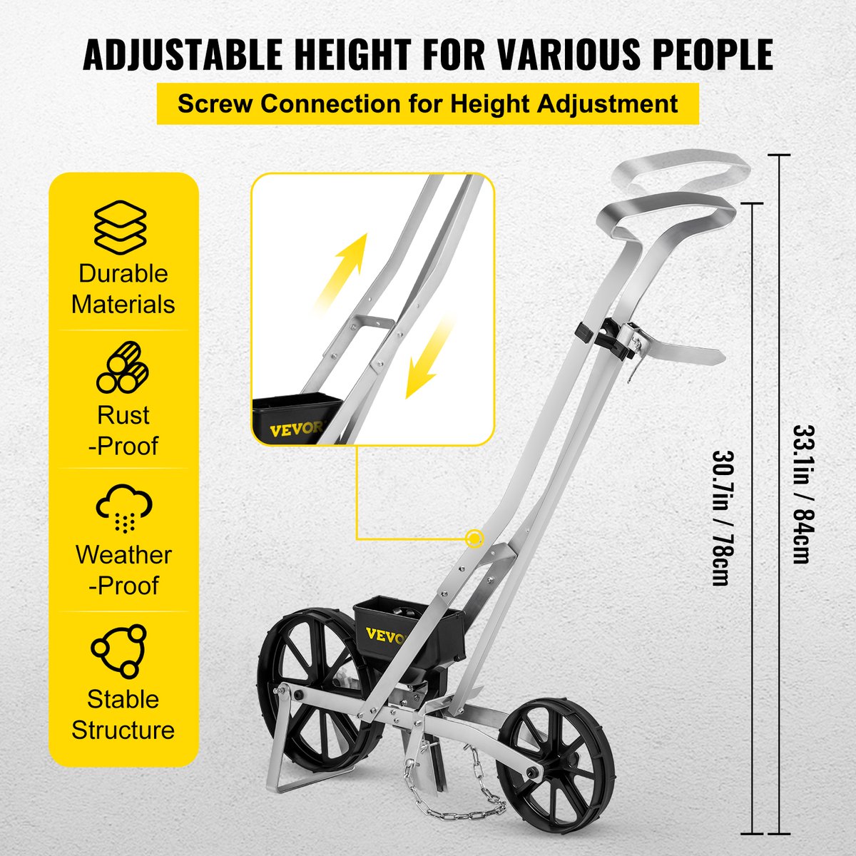 Tuin Push Zaaimachine - 78-84cm - Aluminium en ABS Rij Gewas Planter - met Zes Verwisselbare Zaadplaten en Rijmarkering - voor Het Zaaien van Verschillende Gewassen en Groenten