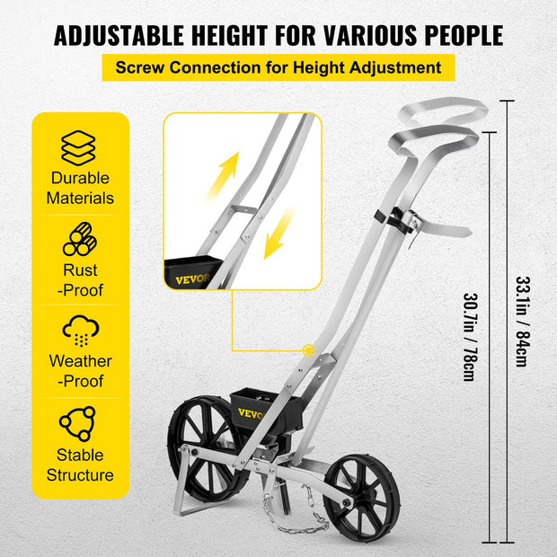 Tuin Push Zaaimachine - 78-84cm - Aluminium en ABS Rij Gewas Planter - met Zes Verwisselbare Zaadplaten en Rijmarkering - voor Het Zaaien van Verschillende Gewassen en Groenten