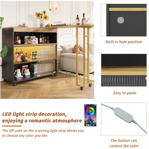 Uitschuifbare Bartafel met Opbergruimte - Moderne Verplaatsbare Bartafel - Telescopische Bartafel met LED - Bartafel - Bistrotafel - Hoge Tafel - Kookeiland - Bistrotafel - (138-204×39×105cm) - Zwart & Goud