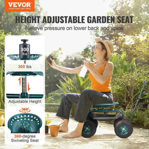 Go-kart - Garden cart - Rolling work chair with wheels - Garden stool - 360 degree swivel chair - Wagon scooter with handlebars