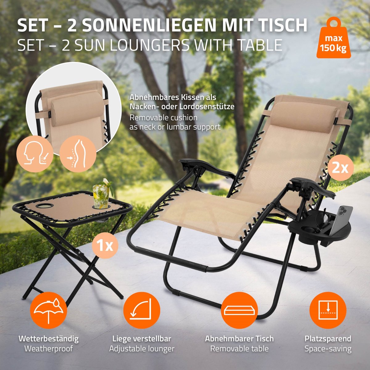 Ligstoel set 3-delig taupe opvouwbaar met tafel ML-Design