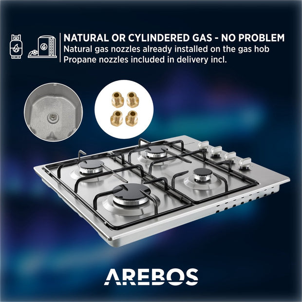 Gaskookplaat 4 Branders - Roestvrij Staal - Incl. roosters & ontstekingsbeveiliging