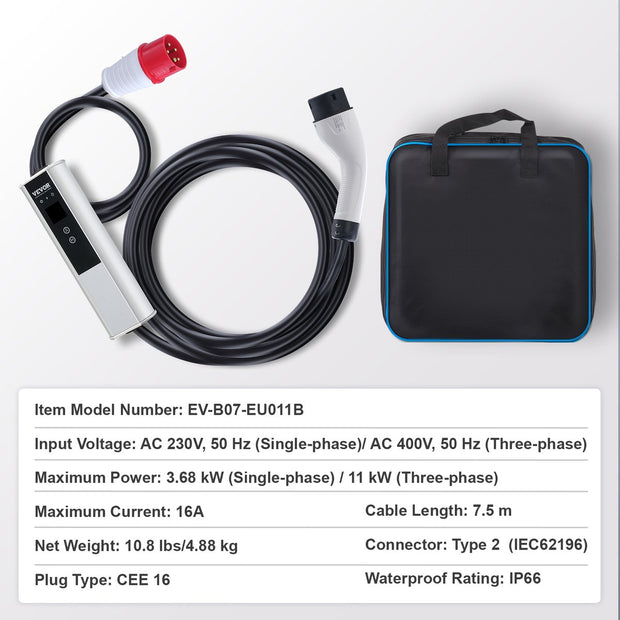 Laadkabel - 16A - 3,68kw Eenfasig - 11kw Driefasig - Oplader - 7,5m Kabel - Type2 Ev - Oplaadkabel 4 Niveaus Van Stroomaanpassing 16a/13a/10a/8a - Oplader Cee 16 Stekker - Voor Elektrische Auto - IP66 - Wallbox