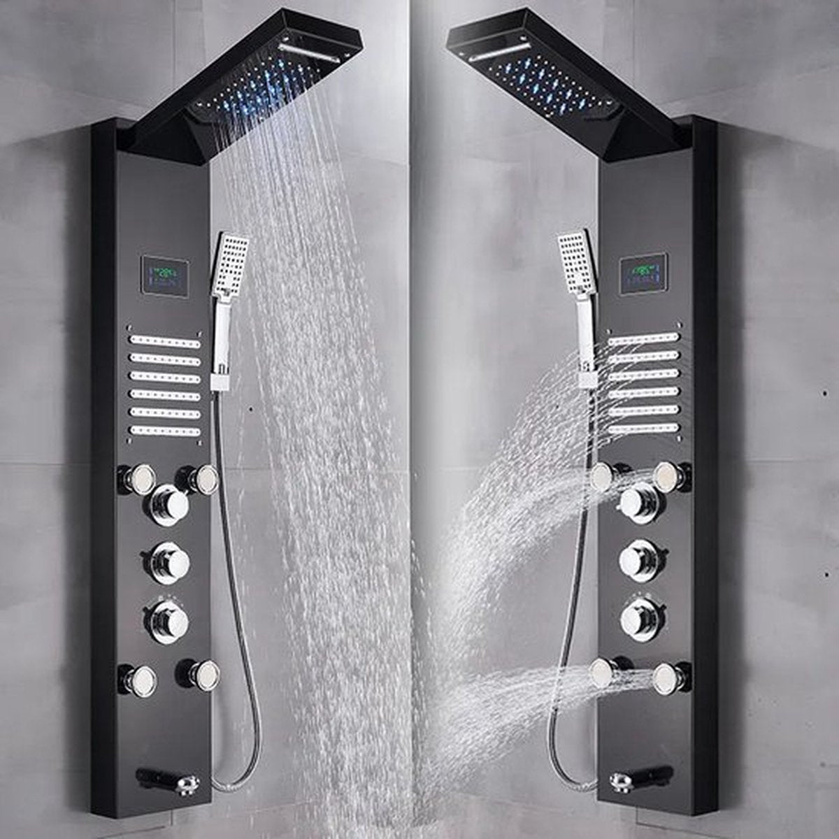 Badkamer Douchekraan - Panel Systemen - Douchekop Regendouche - Mengkraan Douche - LED-Licht Douchepaneel - Waterval Regendouchekop - SPA-Massagejets - Douchekolomtoren - Digitale Watertemperatuurweergave - Zwart