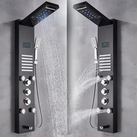 Badkamer Douchekraan - Panel Systemen - Douchekop Regendouche - Mengkraan Douche - LED-Licht Douchepaneel - Waterval Regendouchekop - SPA-Massagejets - Douchekolomtoren - Digitale Watertemperatuurweergave - Zwart