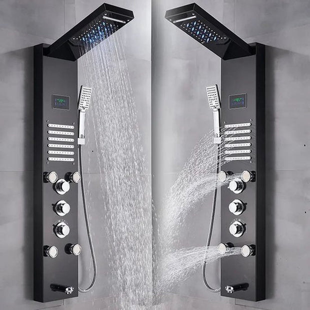 Badkamer Douchekraan - Panel Systemen - Douchekop Regendouche - Mengkraan Douche - LED-Licht Douchepaneel - Waterval Regendouchekop - SPA-Massagejets - Douchekolomtoren - Digitale Watertemperatuurweergave - Zwart