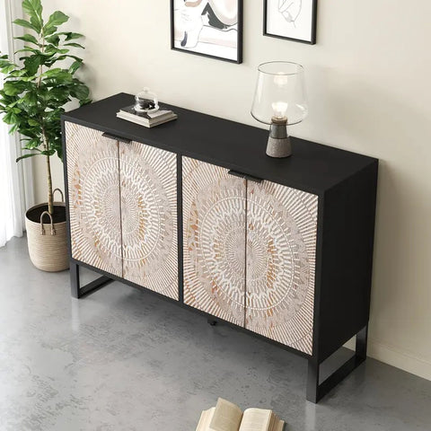 Modern dressoir met geometrisch patroon - Massief hout en metalen handgrepen - Vloermontage - MDF-constructie - Met verstelbare poten