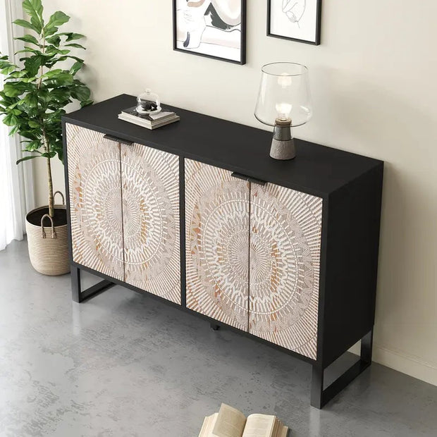 Modern dressoir met geometrisch patroon - Massief hout en metalen handgrepen - Vloermontage - MDF-constructie - Met verstelbare poten