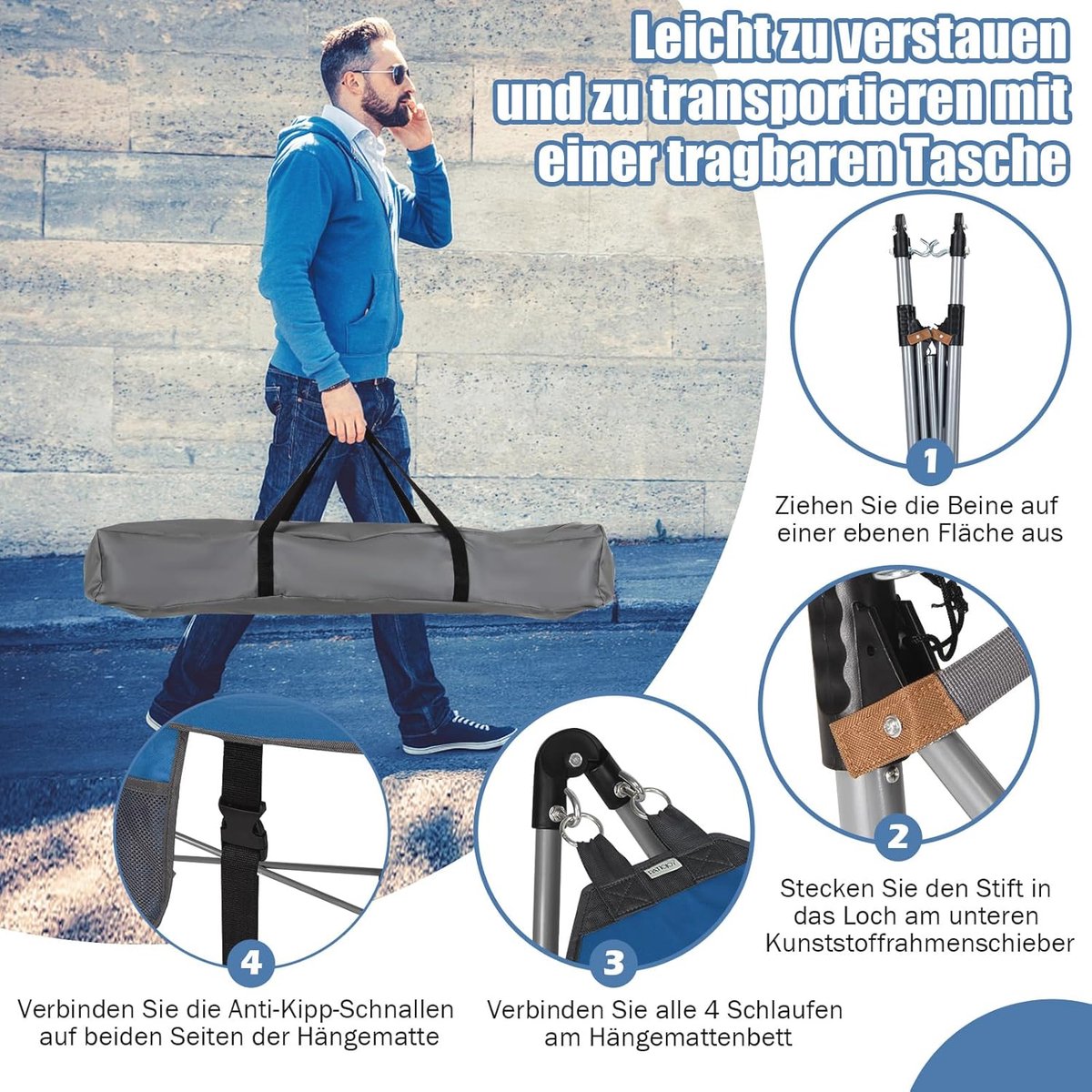 Opvouwbare hangmat met frame en zijvak - draagbaar - 150 kg draagvermogen - voor gebruik binnen en buiten