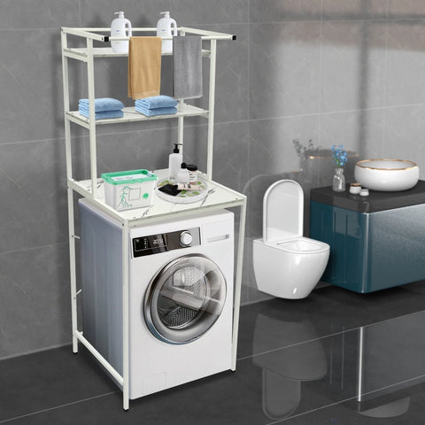 3-Lagen Wasmachine en Droger Opbergplank - Badkamer Organizer - Opbergrek - Wasruimte Rek - Ruimtebesparend Rek - Duurzaam MDF en IJzer - Hoog Draagvermogen - 3 Kleuren Beschikbaar - Makkelijk te Monteren