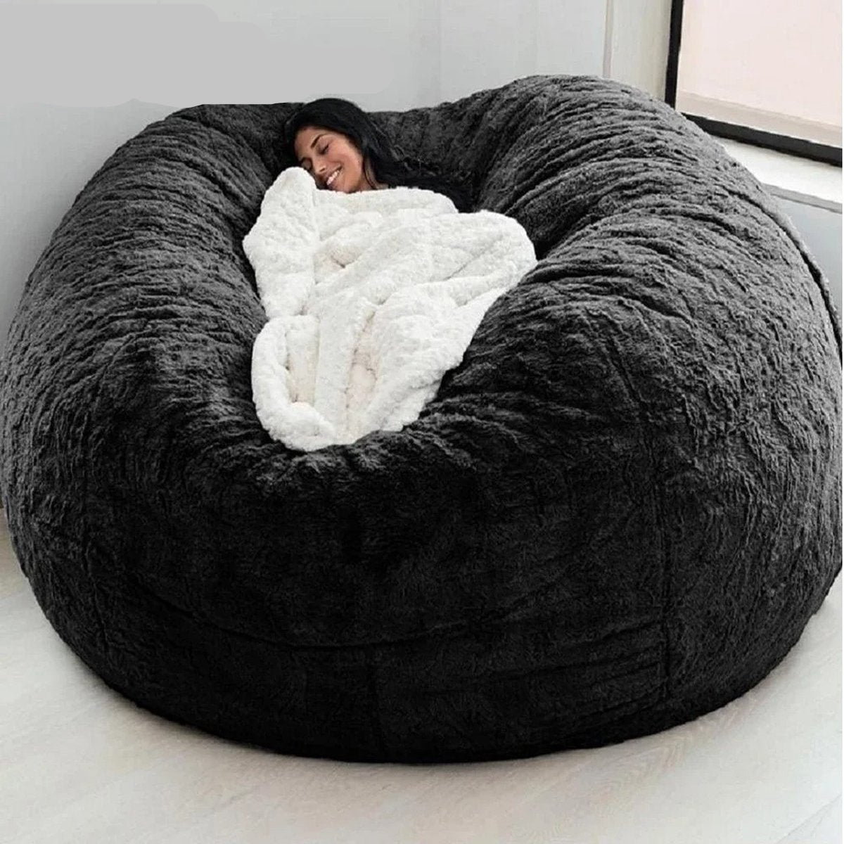 Bean Bag Chair Cover - (Cover Only, No Filling) - Oversized - Round Soft Fluffy - PV Velvet - Washable - Lazy Sofa - Duvet Cover - Living Room - Bedroom - Furniture Upholstery - Black