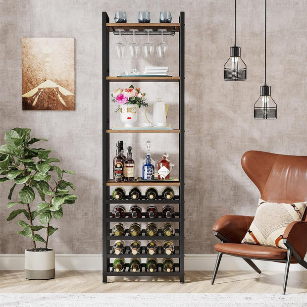 Wijnrek - 9-laags - Industrieel - Wijnrek Metaal - Staand Flessenrek voor 20 Flessen - Bruin en Zwart - 45 x 35 x 180 cm