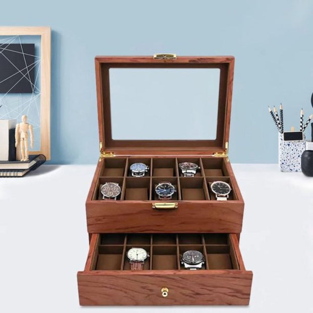 Luxe Horlogebox - Horlogedoos Heren & Dames - Geschikt voor 20 Horloges of Armbanden - Sieradendoos - Juwelendoos - Hout - 2 Lagen - 20 Vakken