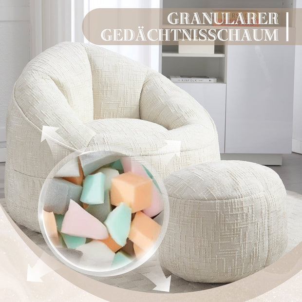 Zitzak met Voetensteun - Stoel met Hoge Druk Schuimvulling - Ergonomisch Ontwerp - Chenille Stof - 89x88x76 cm - Beige