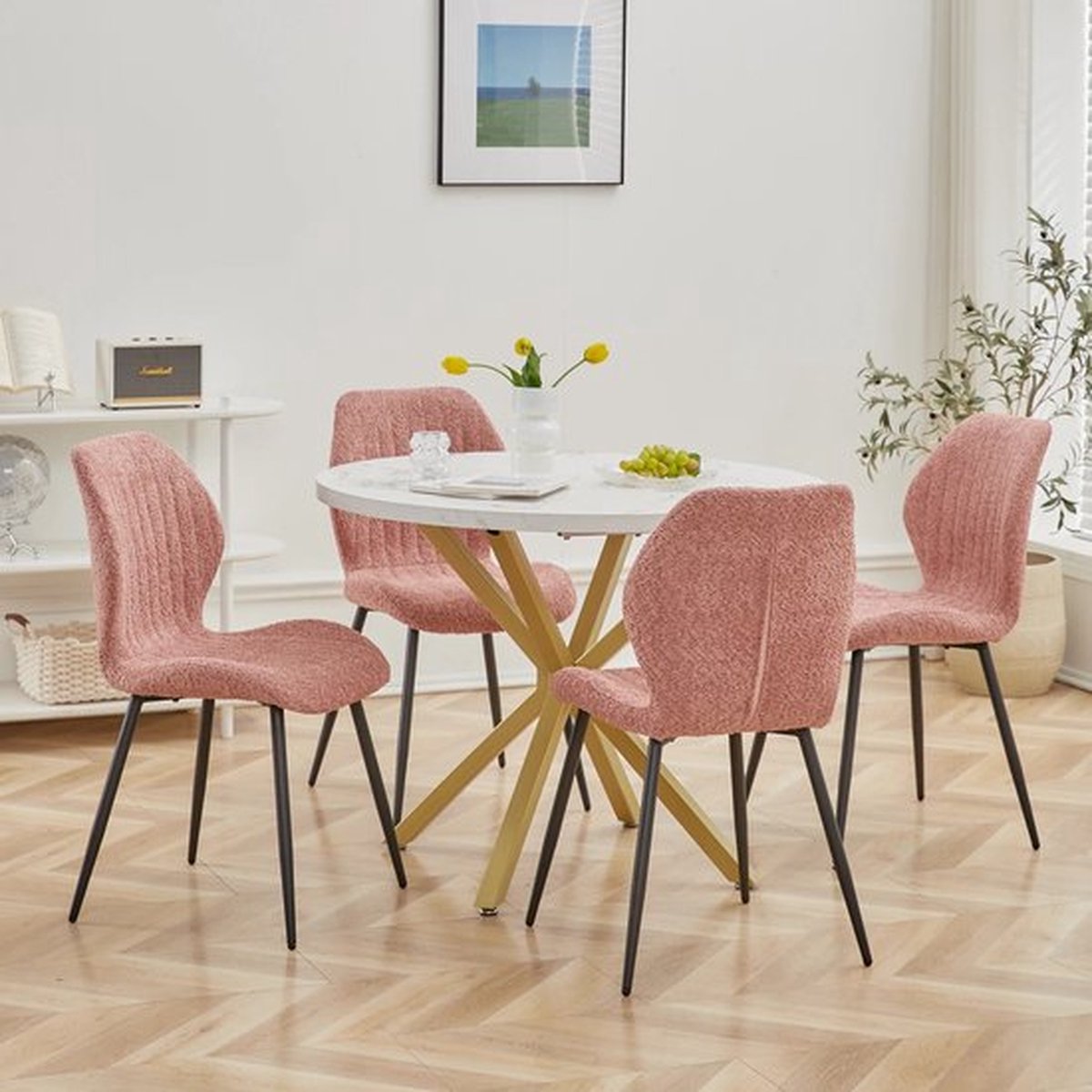Eettafel - 100 cm - Luxe - Gouden Onderstel - Marmer Look - Rond - Meubels