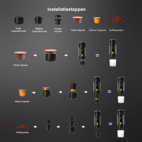 Draagbare elektrische espressomachine - 3 in 1 - Reis koffiezetapparaat - Auto koffiezetapparaat - Capsules en gemalen koffie - 80ml - Zwart