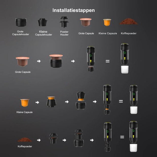 Draagbare elektrische espressomachine - 3 in 1 - Reis koffiezetapparaat - Auto koffiezetapparaat - Capsules en gemalen koffie - 80ml - Zwart