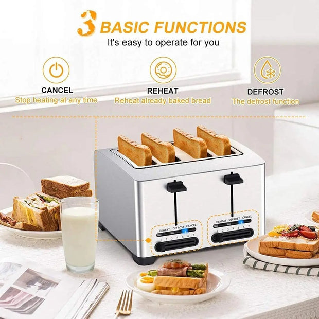 RVS Broodrooster - Toaster - 4 Sneden - Extra Brede Sleuven - 7 Warmteniveaus - 1500W - Gescheiden Dubbele Bediening - Ontdooifunctie