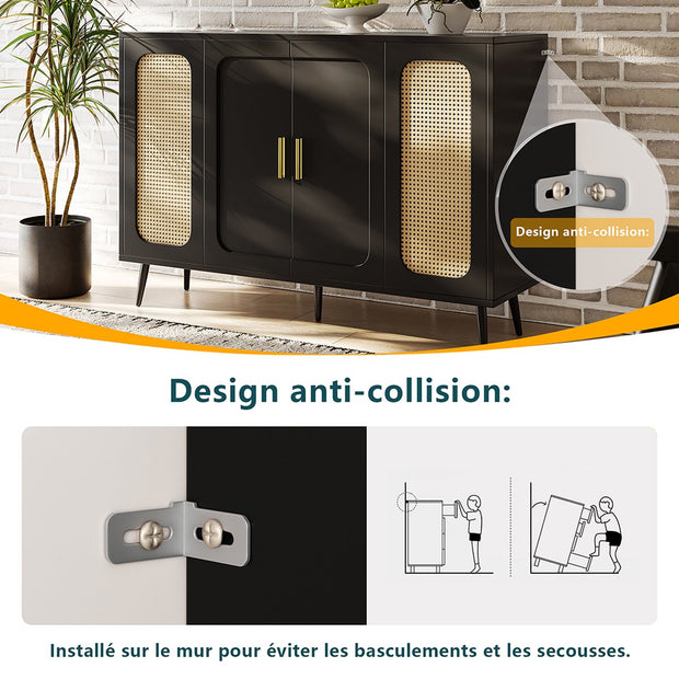 Sideboard Buffet Cabinet Hall Cabinet with storage space and blister doors rattan wooden for kitchen and living room Black