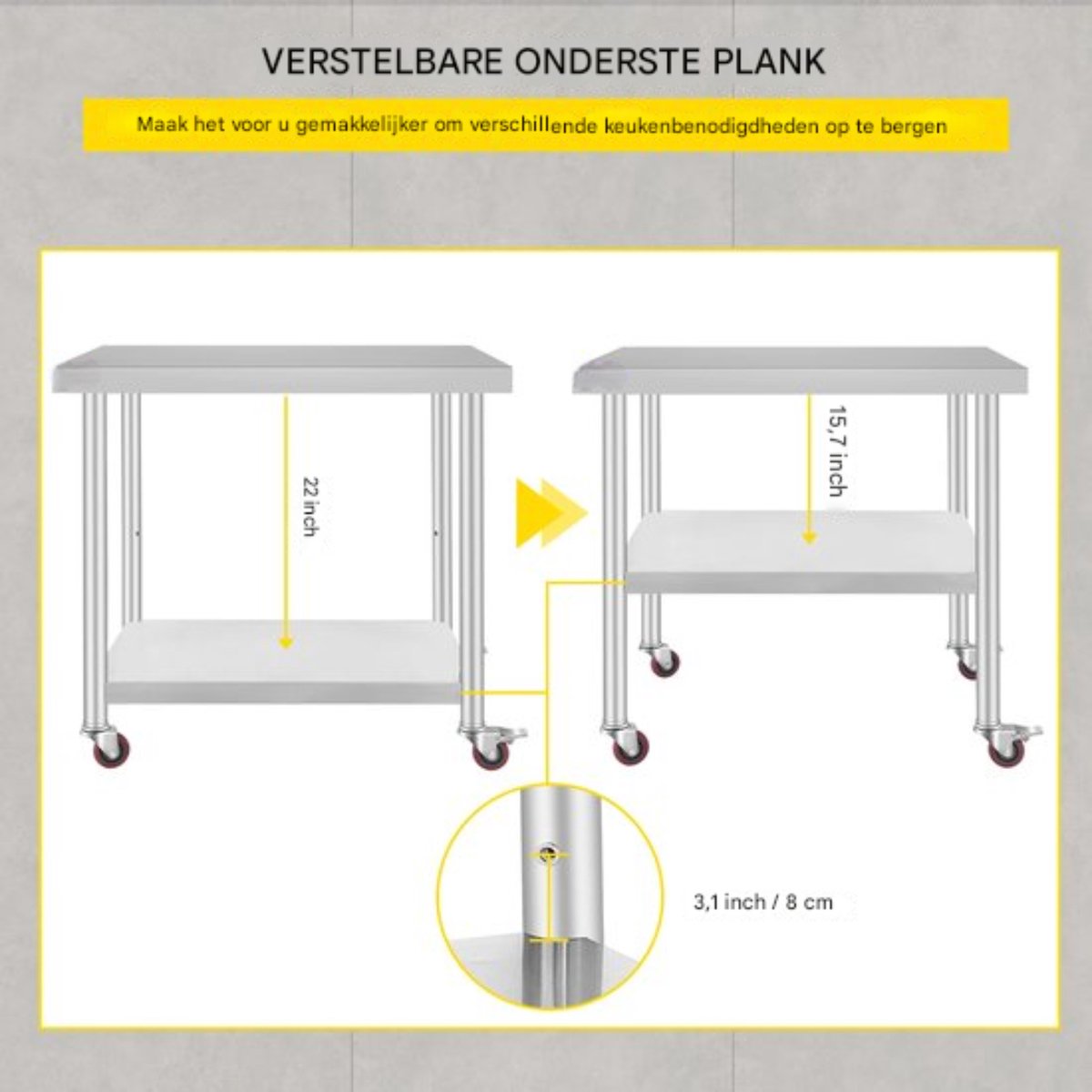 Zilveren Commerciële Keuken Werktafel - RVS - 95x61 cm - Verrijdbaar