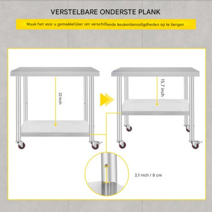 Zilveren Commerciële Keuken Werktafel - RVS - 95x61 cm - Verrijdbaar