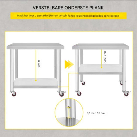 Zilveren Commerciële Keuken Werktafel - RVS - 95x61 cm - Verrijdbaar