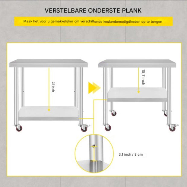 Zilveren Commerciële Keuken Werktafel - RVS - 95x61 cm - Verrijdbaar