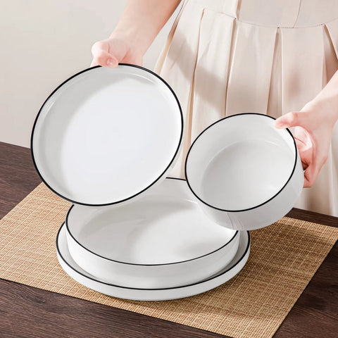 Serviesset – 12 persoons – 36 delig – Wit met zwarte rand Keramisch – Dinerborden – Ontbijtborden