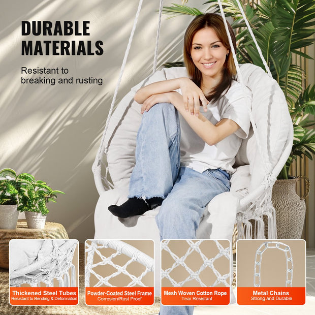 Hangstoel - Staal En Katoen - 150 Kg Capaciteit - Met Kussen - Met Geweven Netkabel - Inklapbaar, Bohemian Stijl - Geschikt Voor Binnen En Buiten - 80 X 62,5 X 80 Cm - Beige