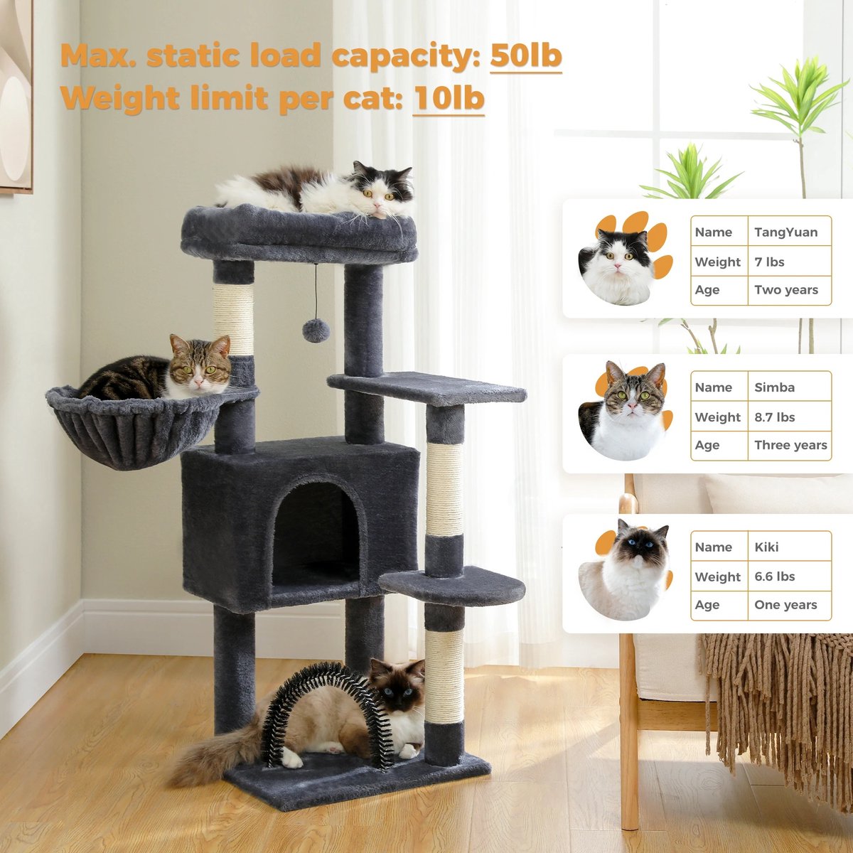 Krabpaal voor katten - Krabpaal voor grote katten - Krabpaal kat - Met een ruim kattenhok - 4 plateau's