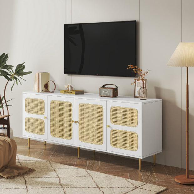 Elegant White Rattan - TV Cabinet - 180x40x72cm - met 4 Rotan Deuren - in Hoogte Verstelbare Planken - en Kabelbeheer - voor Maximaal 80 inch Televisies - Tv-Kasten - Lowboards
