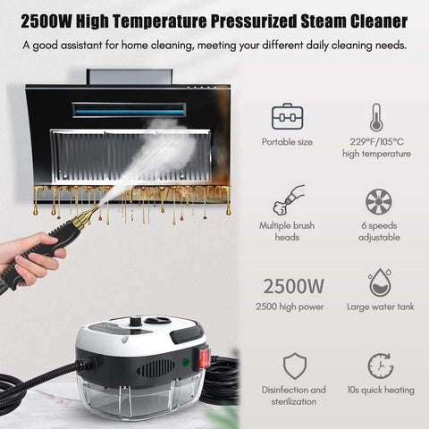 Draagbare Handstoomreiniger -  2500W -  Hoge Druk -  Reinigingsmachine met Borstelkoppen -  Borstelkoppen voor -  Keuken Meubels -  Badkamer Auto - Wit