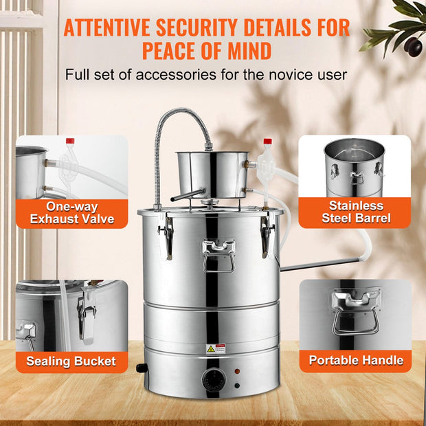 Alcohol Water Distilleerder – 50L Roestvrijstalen Distillatieapparaat – 2800W Elektrische Verwarmer – Complete Set voor Whisky - Wijn - Wodka en Essentiële Oliën